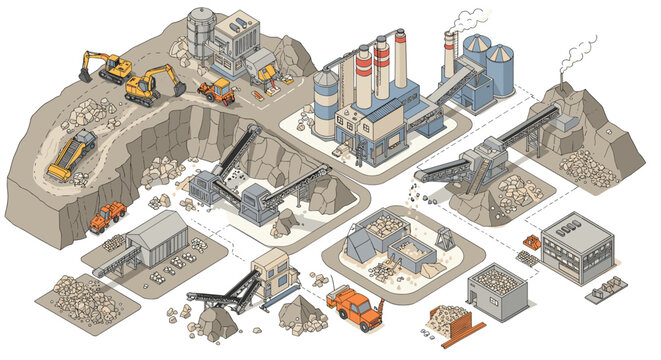 Isometric vector illustration of an industrial quarry with machinery and buildings for construction project design
