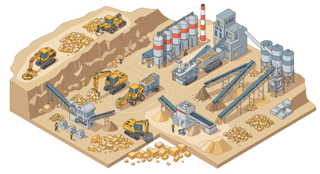 Isometric vector illustration of a construction site with heavy machinery and industrial equipment