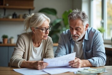 Elderly couple reviewing financial documents at home table  