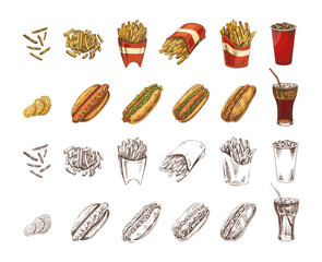 Hand drawn vintage set of french fries, hot dogs, potato chips and soft drinks in color and monochrome