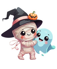 Naklejka premium Cute Boo Halloween Ghost Clipart Bundle | 16 Adorable PNG Sublimation Graphics | Witch, Pumpkin, Candy, Costume, Kawaii, Kids, Party, Autumn, Spooky, Transparent Background