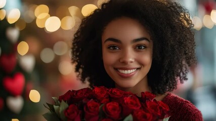 Cheerful woman with curly hair holding bouquet of red roses, romantic atmosphere, warm light, festive background, joyful smile, affectionate mood, happiness, celebration, beauty - Powered by Adobe