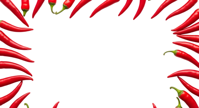 Bright red chili peppers arranged frame against dark background