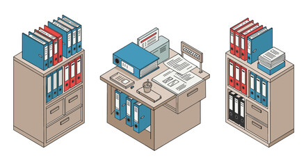Office workspace organization vector illustration for print or poster design in isometric style