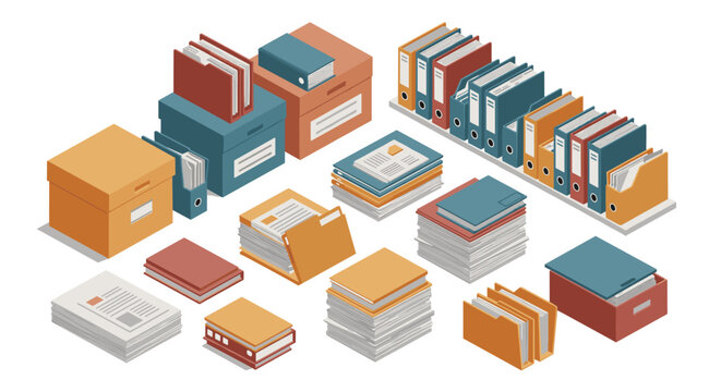 Isometric office documents and folders vector illustration for organization and filing concepts