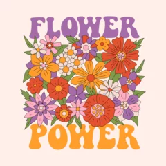 Selbstklebende Fototapeten Floral poster design in retro hippie style. Groovy daisies postcard. Flower power card, print t-shirt, typography, motivational phrase, positive inspirational quote. Colorful vector illustration © viairevi
