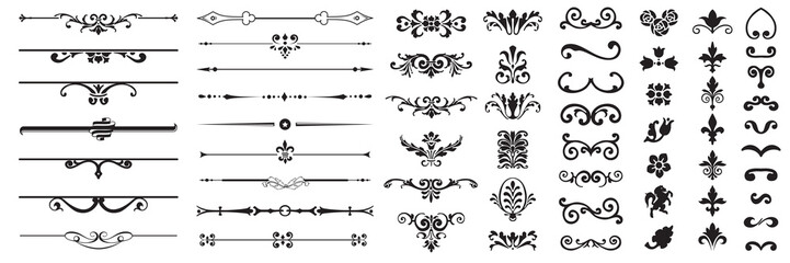 Set or collection of vector filigree flourishes for design. Decorative elements collection.