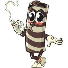 cute chocolate wafer roll mascot cartoon vector illustration smoke calmly, funny dessert character in striped snack design, packaging, work of hand drawn