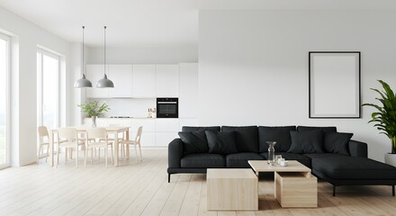 Modern Minimalist Living Room with Dining Area, Black Sofa, and Natural Light