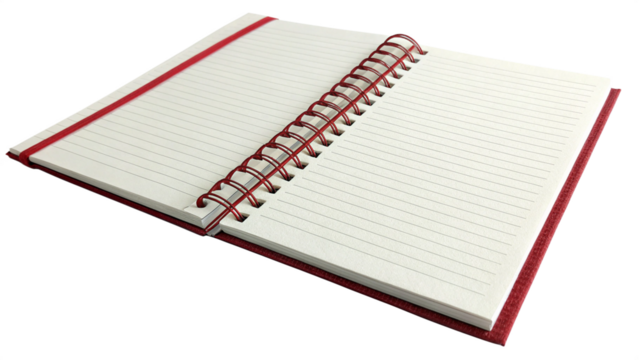 Red spiral notebook open with lined pages for writing notes ideas planning journaling and school supplies