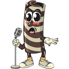 cute chocolate wafer roll mascot cartoon vector illustration on front of the mic, funny dessert character in striped snack design for kids and food packaging, work of hand drawn