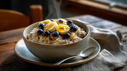 Bowl of hot oatmeal with banana slices, blueberries and honey on rustic wooden table with natural morning light and steam rising