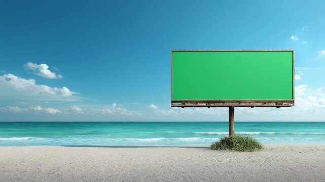 This variant emphasizes the use of the greenscreen technology to create the illusion of the billboard stand being p on the beach background. This description is likely to intrigue and