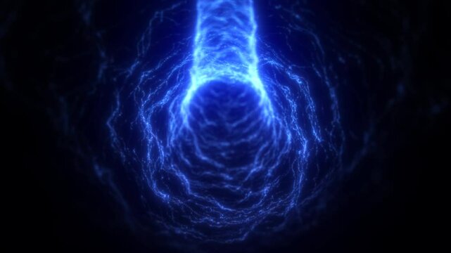 Bright electric blue light particles forming a digital tunnel with flowing motion and vibrant intensity