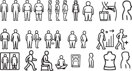 set of people silhouettes Weight and Fitness Line Art Icons in Black and White