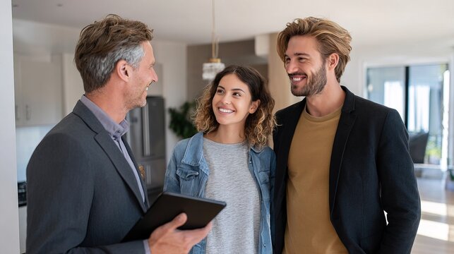 A smiling couple talks with a professional in a modern home, possibly discussing a real estate deal or home consultation. - Powered by Adobe