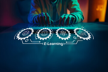 Hands Typing on Laptop with E-Learning Icons and Technology Elements Representing Online Education...
