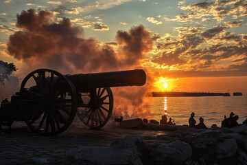 Antique cannon firing with smoke at sunset, silhouettes of people watching