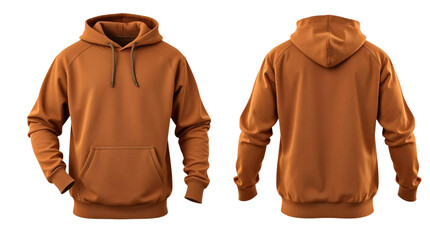 Brown hoodie in front and back view, mockup isolated on transparent background