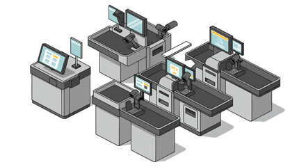 Obraz premium Isometric vector illustration of self-checkout machines for retail design and technology concepts