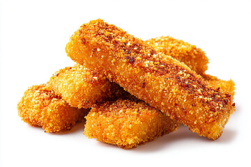 Tasty fried fish fingers with crispy breadcrumb coating perfect snack on white