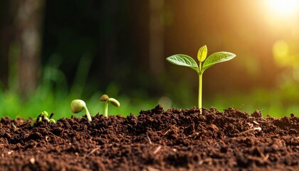Sequential Plant Growth: A photographic depiction of plant growth stages from seed germination to young plant flourishing in soil. 