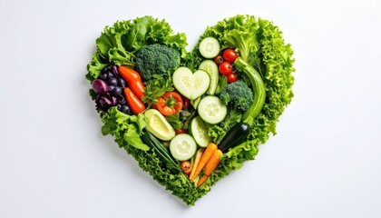 Healthy Heart of Veggies: A vibrant heart shape crafted from a colorful array of fresh vegetables. Representing wholesome eating and wellness, this image showcases the natural beauty of healthy food.