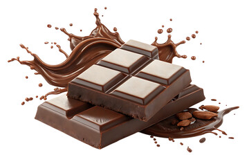 Delicious chocolate bars with splash on transparent background
