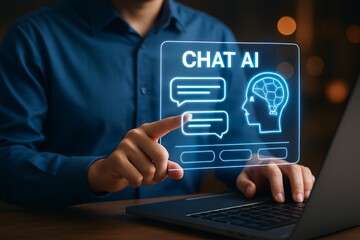 A man using a laptop featuring a holographic Chat AI interface, symbolizing the intersection of technology and communication for discussion points, rework existing paragraphs, summarizing data