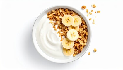 Yogurt with Granola and Banana: A healthy and delicious breakfast or snack, featuring creamy yogurt topped with crunchy granola and fresh banana slices.