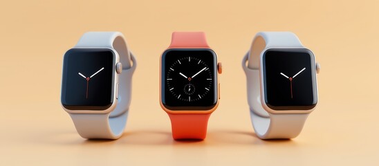 Digital minimalism concept. Three stylish smartwatches on display against a pastel background.