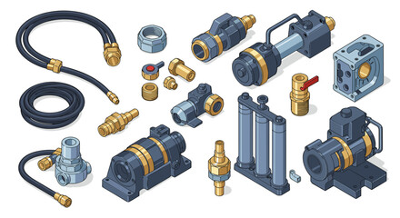Industrial equipment components vector illustration in isometric style