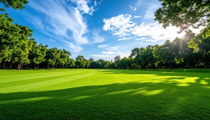 Emerald Oasis: A vibrant landscape featuring a sprawling expanse of neatly manicured green grass, embraced by a lush forest. Capture the essence of nature's serenity.