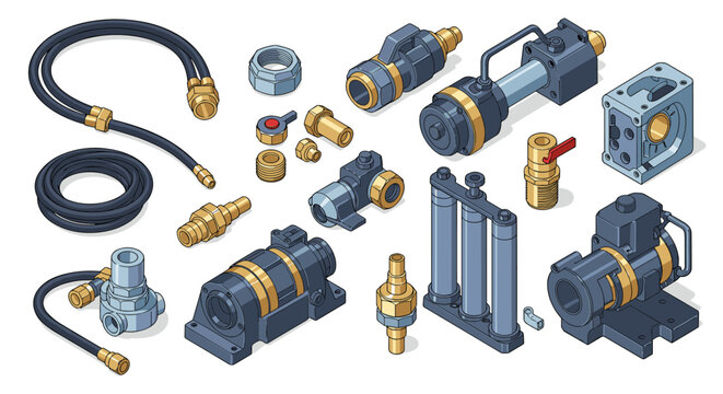 Industrial equipment components vector illustration in isometric style
