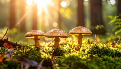 Mushroom Trio in Sunlight: Illuminated by a sunbeam, three enchanting mushrooms grace a verdant forest floor, their caps subtly reflecting the warmth of the sun amidst the lush greenery.
