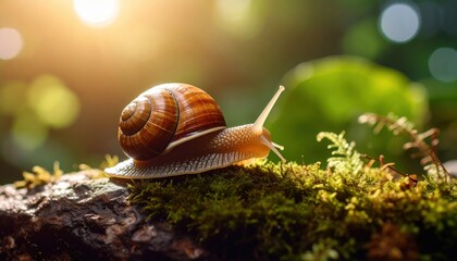 Snail's Slumber in the Sunlight: A curious snail inches across moss-covered log, the sun rays gently kiss its glistening shell, and soft hues of the natural habitat wrap the serene.