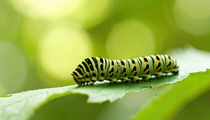 Caterpillar on Leaf: A close-up, detailed photo of a vibrant caterpillar gracefully crawling across a lush green leaf, showcasing the intricate patterns of its body and the delicate beauty of nature.
