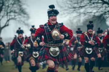 Naklejka premium An energetic Scottish Highland dancer in full traditional costume performing with a group during a festive outdoor event