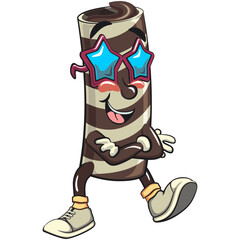 cute chocolate wafer roll mascot cartoon vector illustration wearing stars shaped beach sunglasses, funny dessert character in striped snack design for kids and food packaging, work of hand drawn