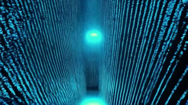 A stream of blue binary code flows across a dark digital data background
