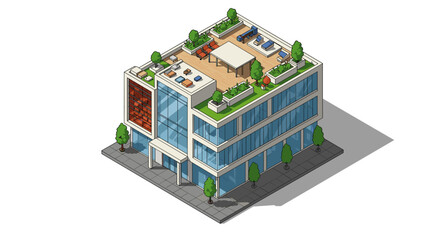 Isometric office building with rooftop terrace vector illustration for architectural design