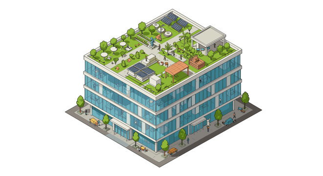 Isometric vector illustration of a modern eco-friendly building with rooftop garden for architectural design