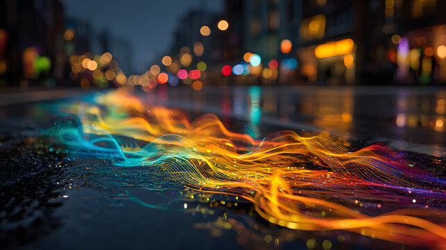 Vibrant blurred cityscape with colorful neon lights and digital data streams. - Powered by Adobe