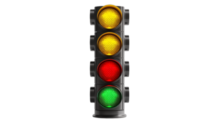 A realistic traffic signal displays green, red, and amber lights for a versatile design element isolated on transparent background