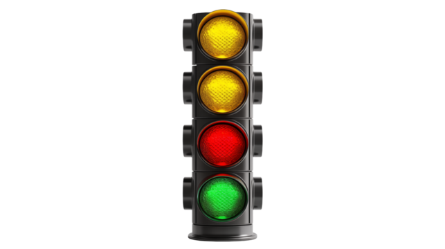 A realistic traffic signal displays green, red, and amber lights for a versatile design element isolated on transparent background