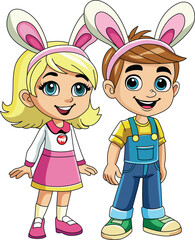 "Cute Cartoon Boy & Girl in Bunny Ears – Perfect for Kids' Fun Moments!"  AI Inspired Concept Hand Drawn Vector in Illustrator