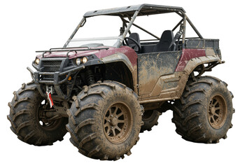 Fototapeta premium Dirty all-terrain vehicle with oversized mud tires isolated on white background, heavy-duty off-road buggy for outdoor sport and adventure concept