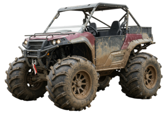 Dirty all-terrain vehicle with oversized mud tires isolated on white background, heavy-duty off-road buggy for outdoor sport and adventure concept