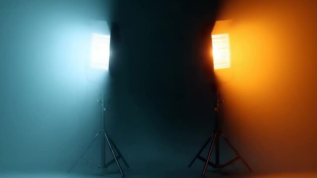Front-Facing Composition of Studio Lights on Gradient Grey Background &ndash; Symmetrical LED and Spot Beam Setup with Cinematic Lighting