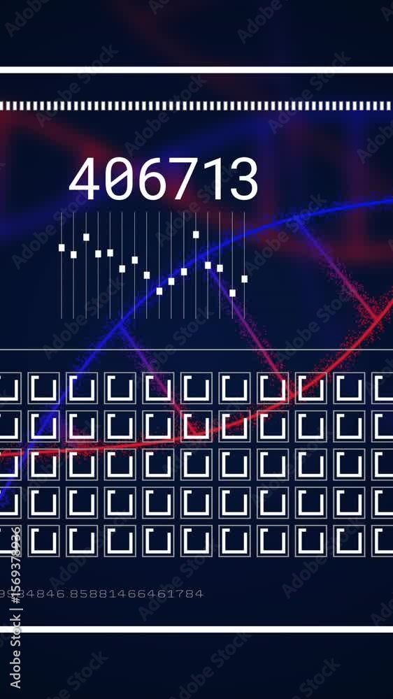 Poster animation of digital display with changing numbers and spinning square shapes over dna helix